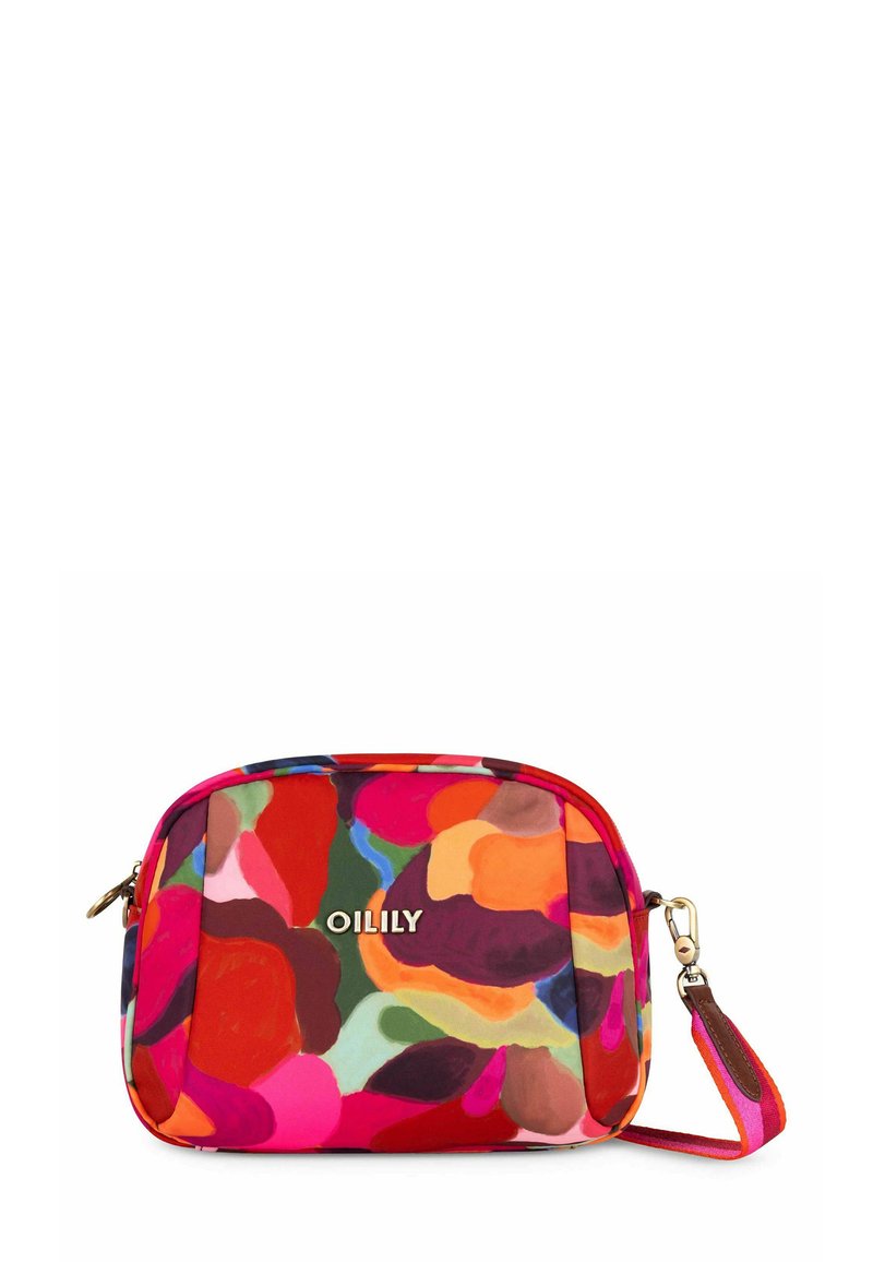 Borsa a tracolla rettangolare realizzata in tessuto con un motivo floreale astratto colorato. Presenta un logo dorato e una tracolla rimovibile su un lato.