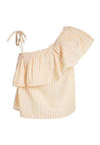 Top giallo e bianco a righe, senza spalle, con dettagli a volant e spalline regolabili, realizzato in tessuto leggero.