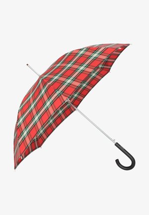 Rot kariertes Regenschirm mit grünen und cremefarbenen Streifen, ausgestattet mit einem silbernen Metallrahmen und einem schwarzen gebogenen Griff.