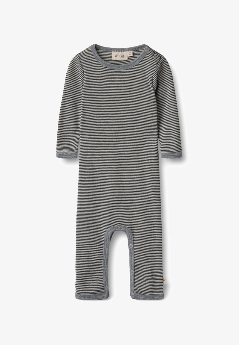 Stribet grå og hvid babydragt med lange ærmer, rund hals og trykknaplukninger forneden; blødt stof med ribbet tekstur.