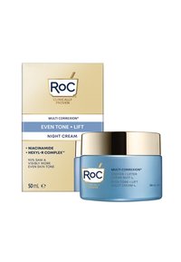 Barattolo di vetro blu con coperchio dorato, etichettato RoC Multi Correxion Even Tone + Lift Crema Notte. La scatola presenta accenti dorati e bianchi, 50 mL.