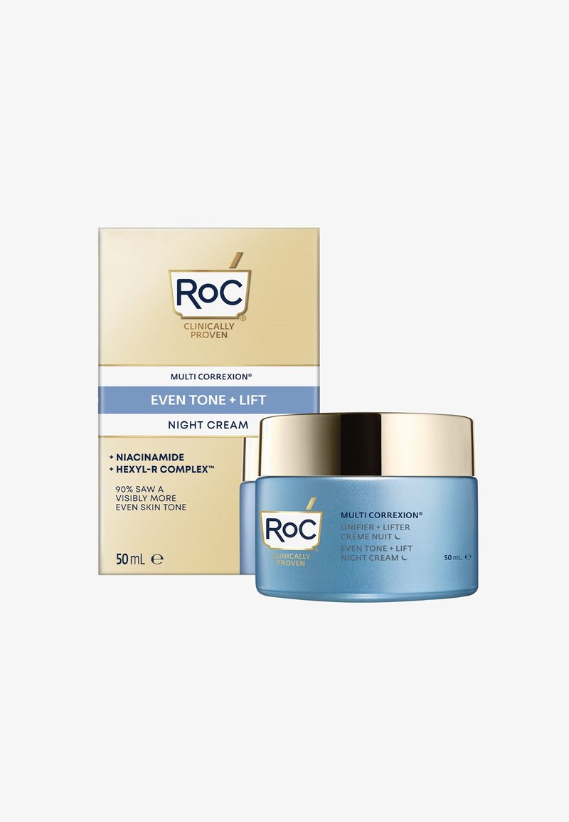 Barattolo di vetro blu con coperchio dorato, etichettato RoC Multi Correxion Even Tone + Lift Crema Notte. La scatola presenta accenti dorati e bianchi, 50 mL.