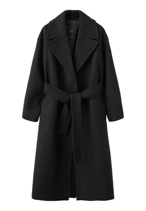 Zwarte wollen jas met een reverskraag, een taille met ceintuur en lange mouwen. Heeft een strakke silhouet en zijzakken.