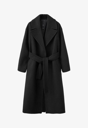 Zwarte wollen jas met een reverskraag, een taille met ceintuur en lange mouwen. Heeft een strakke silhouet en zijzakken.