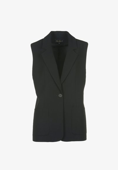 Vesta neagră fără mâneci, cu un singur nasture în față, două buzunare frontale, croială elegantă și rever cu decupaj, realizată dintr-un material neted.