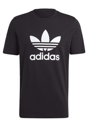 Czarny t-shirt z krótkim rękawem z białym logo Adidas Trefoil oraz napisem "adidas" umieszczonym na środku przodu.