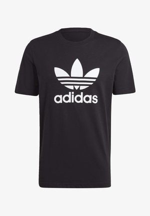T-shirt noir à manches courtes avec logo trèfle Adidas blanc et texte "adidas" centré sur le devant.