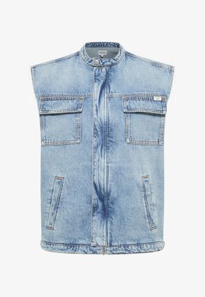 Šviesiai mėlynas džinsinis liemeniukas su apvaliu kaklu, dviem krūtinės kišenėm, šoninėmis kišenėm ir priekyje užtrauktuku. Klasikinė džinsinė tekstūra.