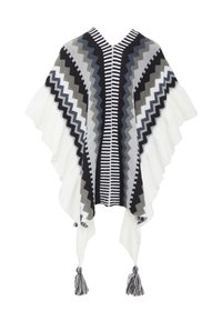 Poncho tricotat în negru, alb și gri, cu modele în zigzag. Are ciucuri în partea de jos și un decolteu în V. Material moale și texturat.