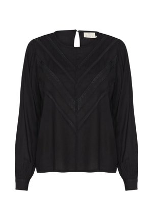 Blouse noire à manches longues avec des rayures en dentelle en forme de V à l’avant, col rond, fermeture boutonnée dans le dos et poignets froncés.