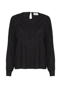 Blouse noire à manches longues avec encolure ronde, ornée de motifs en dentelle chevron texturée et d'une fermeture par bouton au dos.