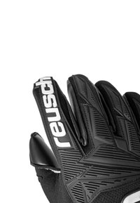 Guanto da portiere Reusch nero con motivi di presa testurizzati e logo Reusch bianco sul dito indice.