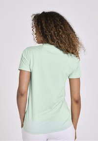 T-shirt in cotone verde menta con girocollo, maniche corte e una texture liscia, visto da dietro. Design semplice, senza motivi visibili.