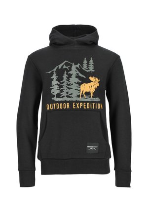 Zwarte hoodie met berg- en boomgrafiek, gele elandillustratie en tekst "Outdoor Expedition" op het zakgedeelte aan de voorkant.