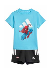 Blue cotton t-shirt featuring a red Spider-Man graphic, paired with black shorts with white stripes and a small red Marvel logo.