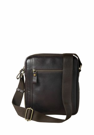 Brown leather messenger bag with a textured surface, featuring a front zippered pocket, adjustable fabric strap, and metallic accents.