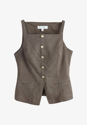 Braune ärmellose Leinenweste mit quadratischem Ausschnitt, fünf muschelförmigen Knöpfen und zwei vorderen Leistentaschen.