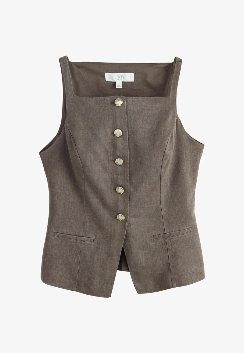Gilet senza maniche in lino marrone con scollo quadrato, cinque bottoni a forma di conchiglia e due tasche frontali a filetto.