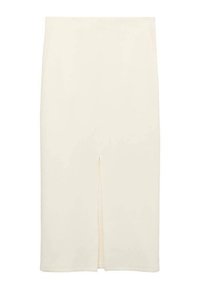 Jupe midi crème avec un design ajusté, dotée d'une fente avant pour un détail supplémentaire, fabriquée dans un tissu lisse avec une texture subtile.