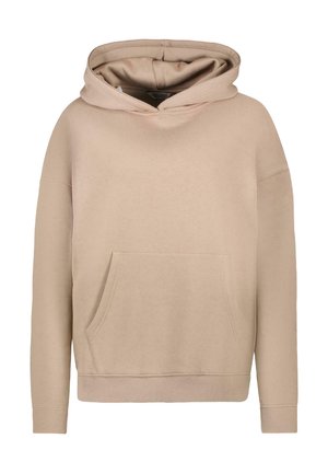Beige hoodie met een kangoeroe-pocket, brede mouwen en een trekkoordkap. Zacht materiaal met ribgebreide manchetten en zoom. Eenvoudig ontwerp.