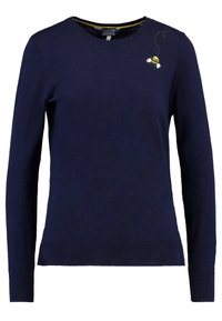 Mörkblå tröja med långa ärmar, rund halsringning, ribbad nederkant och broderad bi-detalj på bröstet. Tillverkad av mjukt, lätt material.
