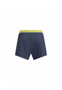 Navy athletic shorts with a yellow waistband, featuring a smooth texture and a relaxed fit. Includes ventilation details for breathability.
