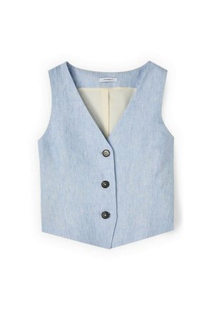 Gilet sans manches en lin bleu clair avec col en V, trois boutons noirs sur le devant et doublure intérieure beige.