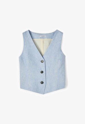 Gilet sans manches en lin bleu clair avec col en V, trois boutons noirs sur le devant et doublure intérieure beige.