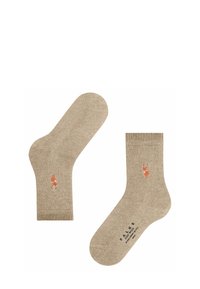 Calzini alla caviglia in cotone beige con una trama texture e un design di volpe ricamato arancione. Il bordo è a coste con il logo del marchio sulla suola.