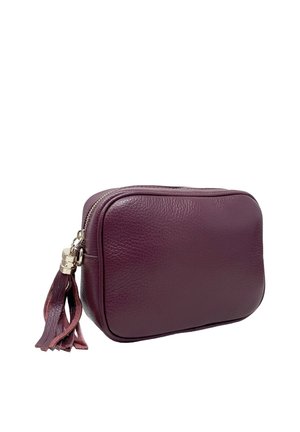 Piccola pochette rettangolare in pelle viola scuro con cerniera e nappina coordinata su sfondo bianco.