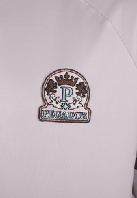 Šviesiai pilkas audinys su tekstūra, su siuvinėtu pleistru. Pleistras atvaizduoja karūną, užrašus "P" ir "PEGADOR", su sudėtingais detalėmis.