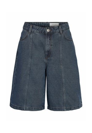 Dunkelblaue Jeans-Shorts mit hoher Taille, vorderen Nahtdetails, Gürtelschlaufen, Knopfverschluss und zwei Vordertaschen.
