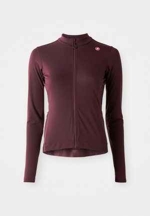 Burgunderfarbene Langarm-Radjacke mit hohem Kragen, durchgehendem Reißverschluss und Logodetail auf der linken Brust. Glatter, elastischer Stoff.