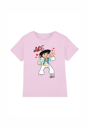 Light pink shirt with cartoon character in white jumpsuit making love sign, red hearts, and "Lil' E" text above.