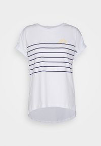 White cotton t-shirt with navy horizontal stripes and a yellow sun graphic on the left shoulder. Round neckline, short sleeves, and a curved hem.