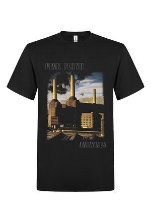 Zwart T-shirt met het albumcover van Pink Floyd Animals, waarop de Battersea Power Station en een vliegend varken erboven te zien zijn.