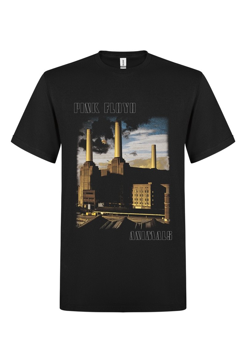 Černé tričko s obalem alba Animals od skupiny Pink Floyd, na kterém je zobrazen Battersea Power Station a nad ním létající prase.