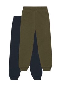 Zwei Paar gerippte Sweatpants mit Bündchen, ein olivgrün und ein dunkelblau, die auf einem weißen Hintergrund übereinander liegen.