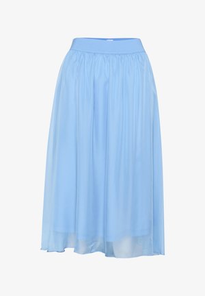 Gonna azzurro chiaro a lunghezza media con vita elastica. Realizzata in un tessuto fluido e trasparente con una texture morbida. Presenta un design arricciato.