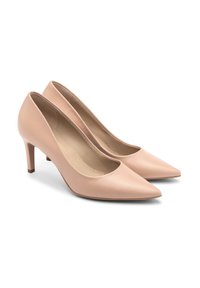 Nude skórzane szpilki z ostrym noskiem i gładką teksturą. Posiadają 3-calowy obcas oraz subtelny detal wewnętrznej wyściółki.