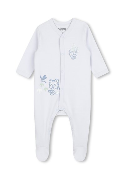 Body blanc pour bébé à manches longues et pieds, boutonné à l'avant, avec imprimés de tigres bleus et de fleurs, accompagné du texte "Kenzo Paris".