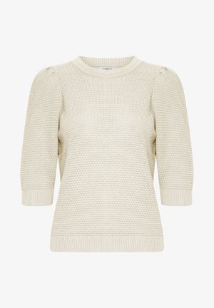 Lichtbeige gebreide trui met korte pofmouwen, een ronde halslijn, textuurstof en ribgebreide manchetten en zoom. Eenvoudig en veelzijdig ontwerp.