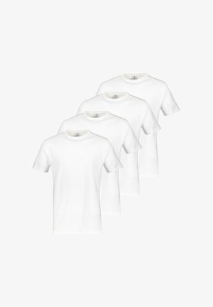White cotton t-shirts, short sleeves, crew neck, four stacked in a row, smooth texture, no patterns or accents visible.