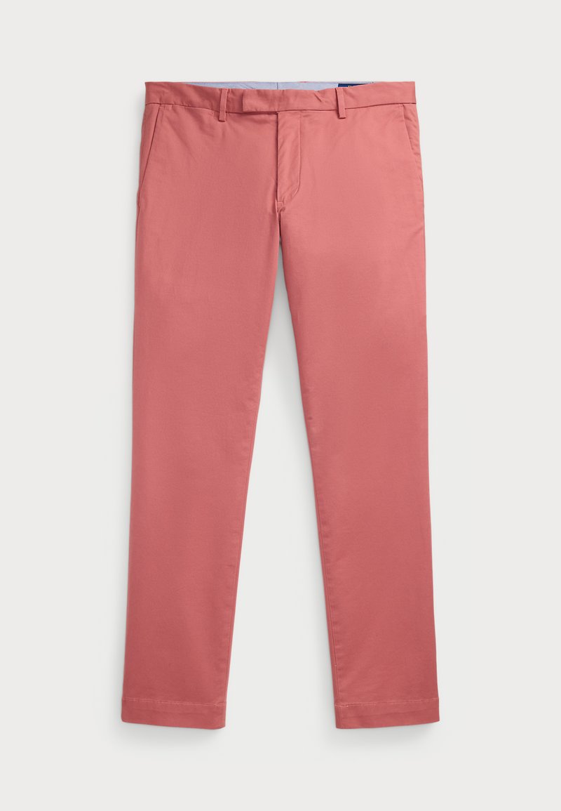 Rosa bomull chinos med straight-leg kutt, med belteholder og glidelåsmerke. Tøyet har en glatt tekstur.