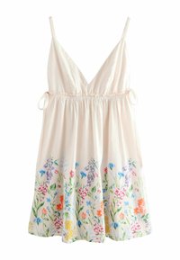 Svetlo roza brezrokavni obleka z globokim V-izrezom, okrašena s cvetličnim vezenjem v različnih barvah na robu in z nabranim elastičnim pasom.