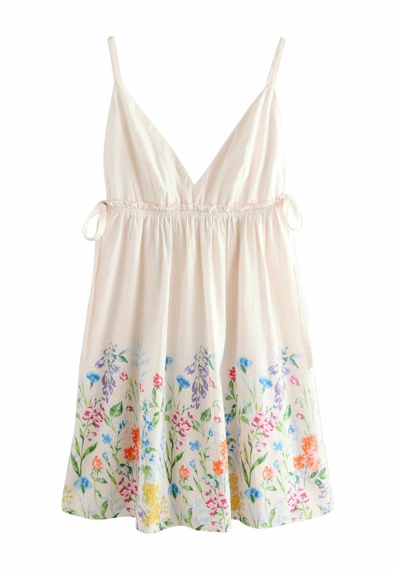 Svetlo roza brezrokavni obleka z globokim V-izrezom, okrašena s cvetličnim vezenjem v različnih barvah na robu in z nabranim elastičnim pasom.