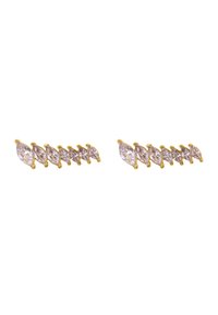 Orecchini a bottone dorati con pietre trasparenti a taglio marquise disposte in una linea curva, che mostrano un design elegante e moderno.