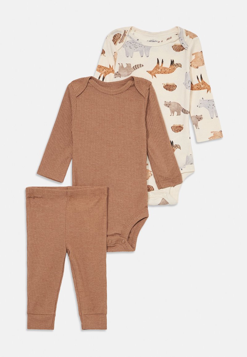 Set of three baby garments: one brown ribbed long-sleeve bodysuit, one cream long-sleeve bodysuit with animal prints, and matching brown pants.
