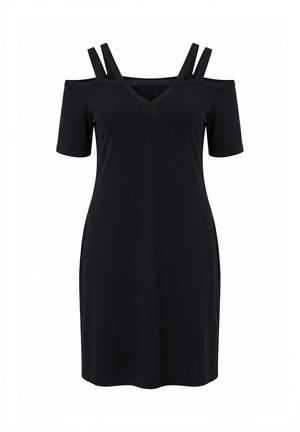 Schwarzes knielanges Kleid mit kurzen Cold-Shoulder-Ärmeln und doppelten Schulterträgern, die einen V-Ausschnitt formen.