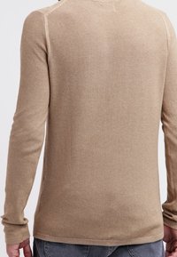 Beige stickad tröja med långa ärmar, strukturerat mönster och ribbad halsringning. Nederkanten slutar vid höften. Visas från baksidan.